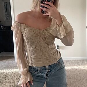 Vintage 90s Chetta B Ruched Long Sleeve Off-The Shoulder Silk Corset Top Size 12